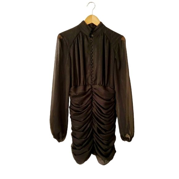 House of Harlow Ruched Mini Dress Lurex Sheer Bishop Sleeve Black Sz 2 - Picture 2 of 15